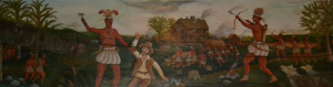 Depiction of Nipmuck Indians attacking Quaboag, August 1, 1675. On display at the Salem Cross Inn, North Brookfield, Massachussettes